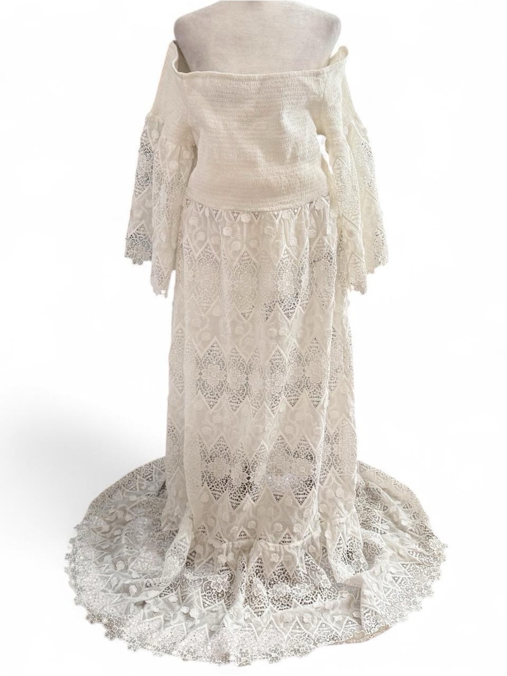 Boston Proper NWT White Crochet Lace Maxi Dress Size XL Off Shoulder
